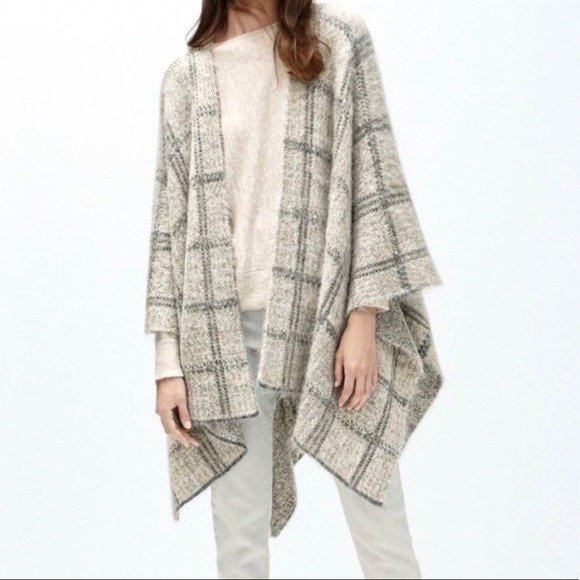 Eileen Fisher Sweaters - Eileen Fisher Brushed‎ Plaid Mohair Alpaca Blend Open Front Poncho Cape Shrug